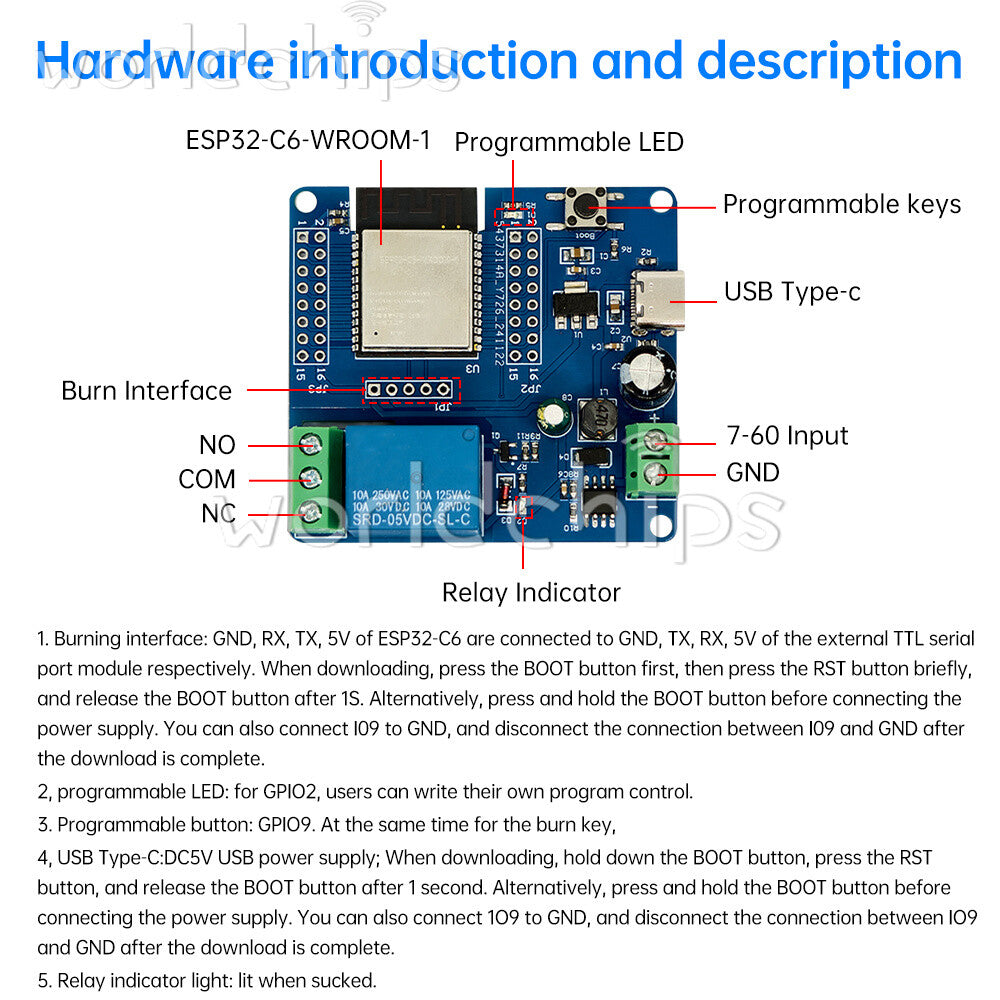 Type-C ESP32-C6 WIFI Bluetooth Development Board Single Channel Relay Module
