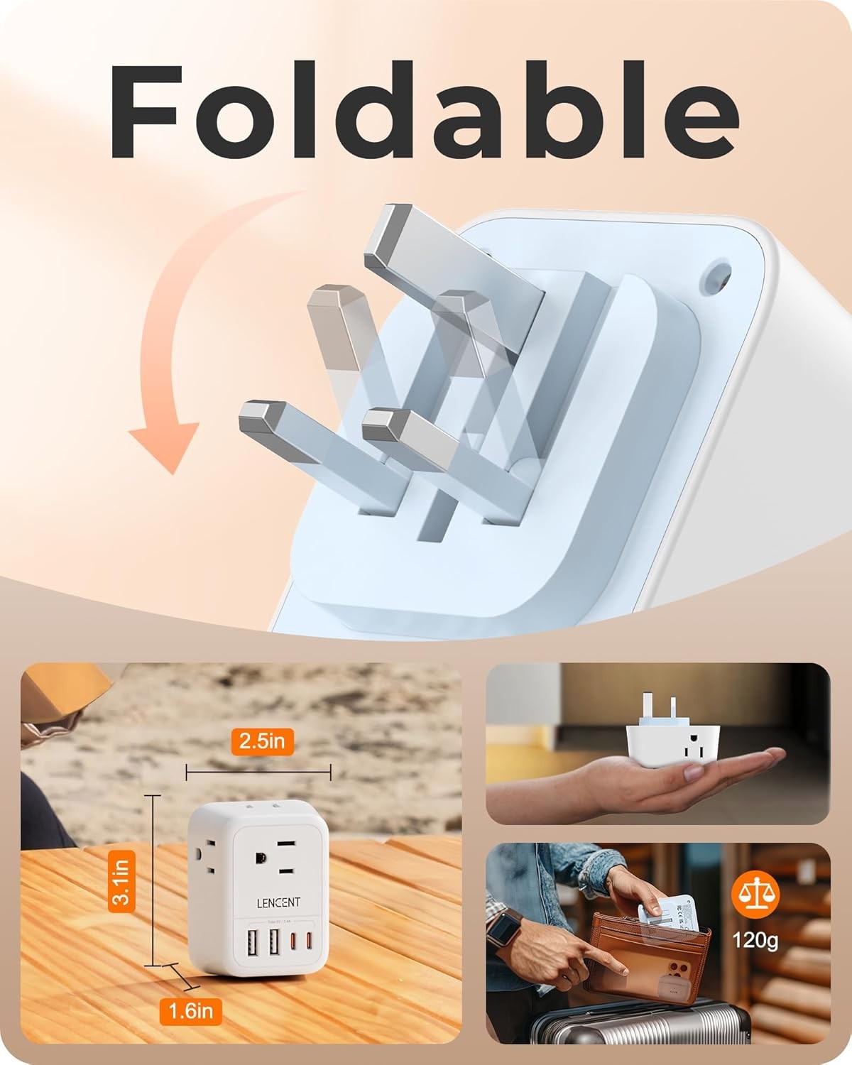 LENCENT Foldable US to UK Ireland Plug Adapter, Type G Travel Outlet Adapter wit
