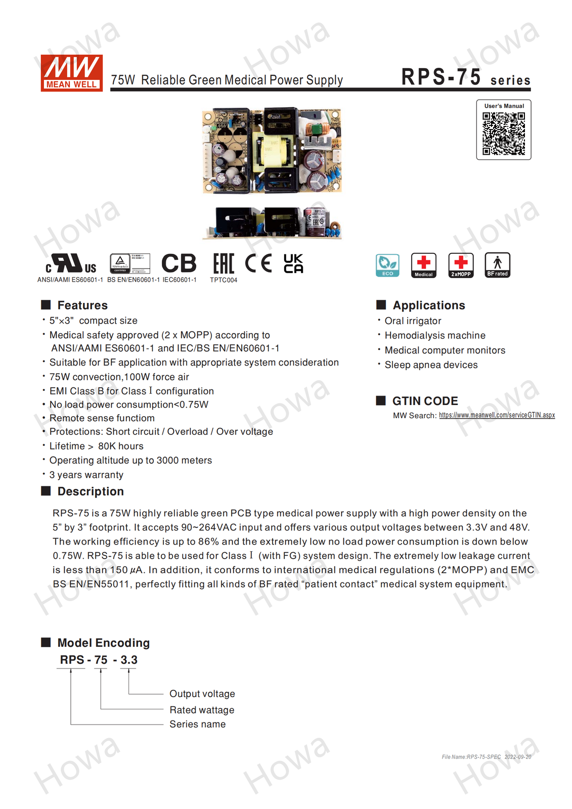 Mean Well RPS-75 Switching Power Supply Medical PCB Type 75W 5V12V15V24V48V36