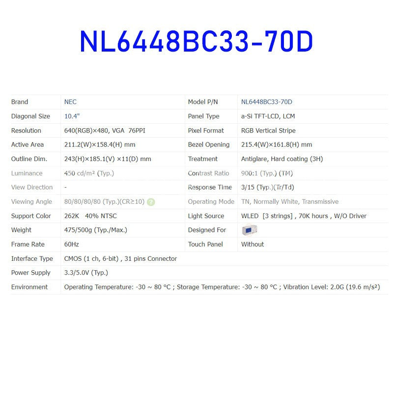 10.4" NL6448BC33-70D LCD Panel Display