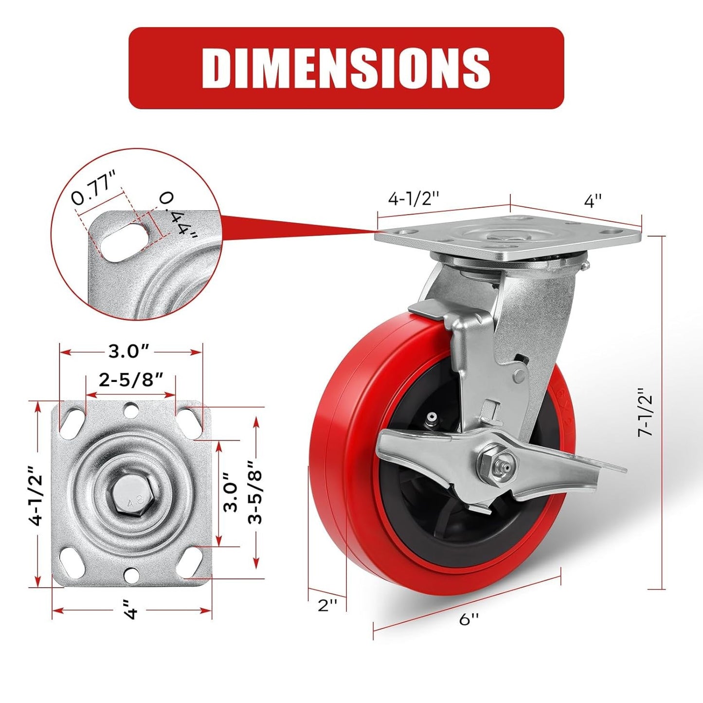 6"x2" Heavy Duty Casters, Set of 4 - 3600 lb Capacity, Polyurethane