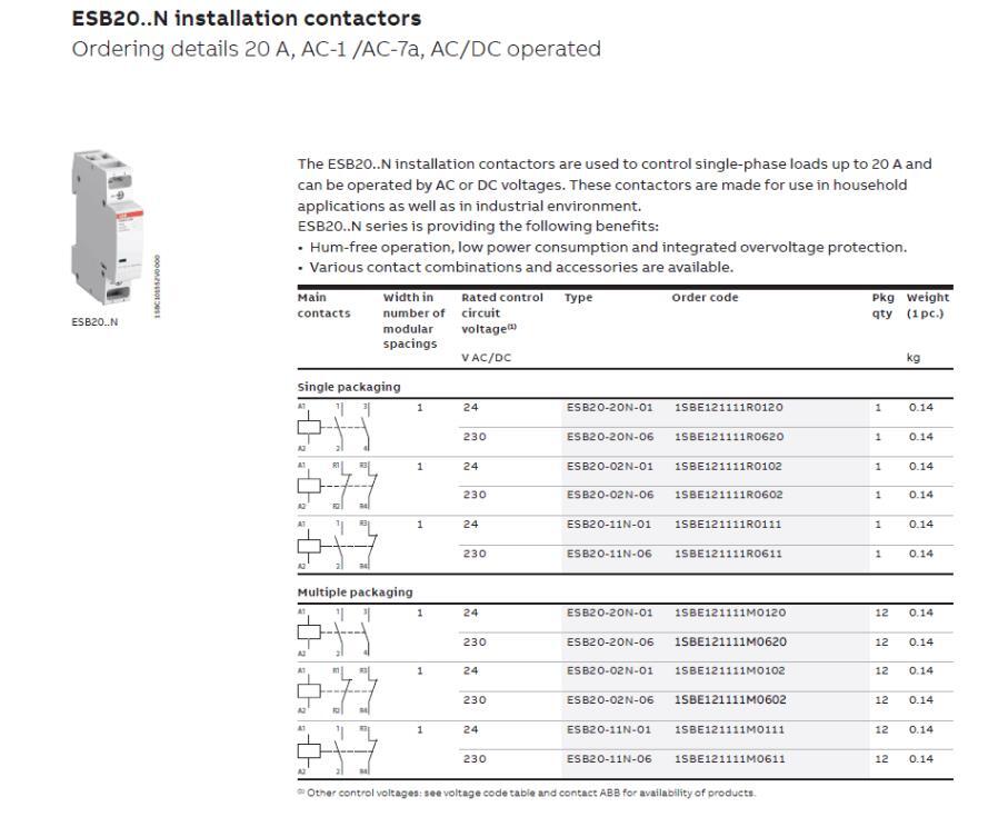 1/Piece ESB20-20N-06 ABB Contactor Coil Voltage 230VAC/DC