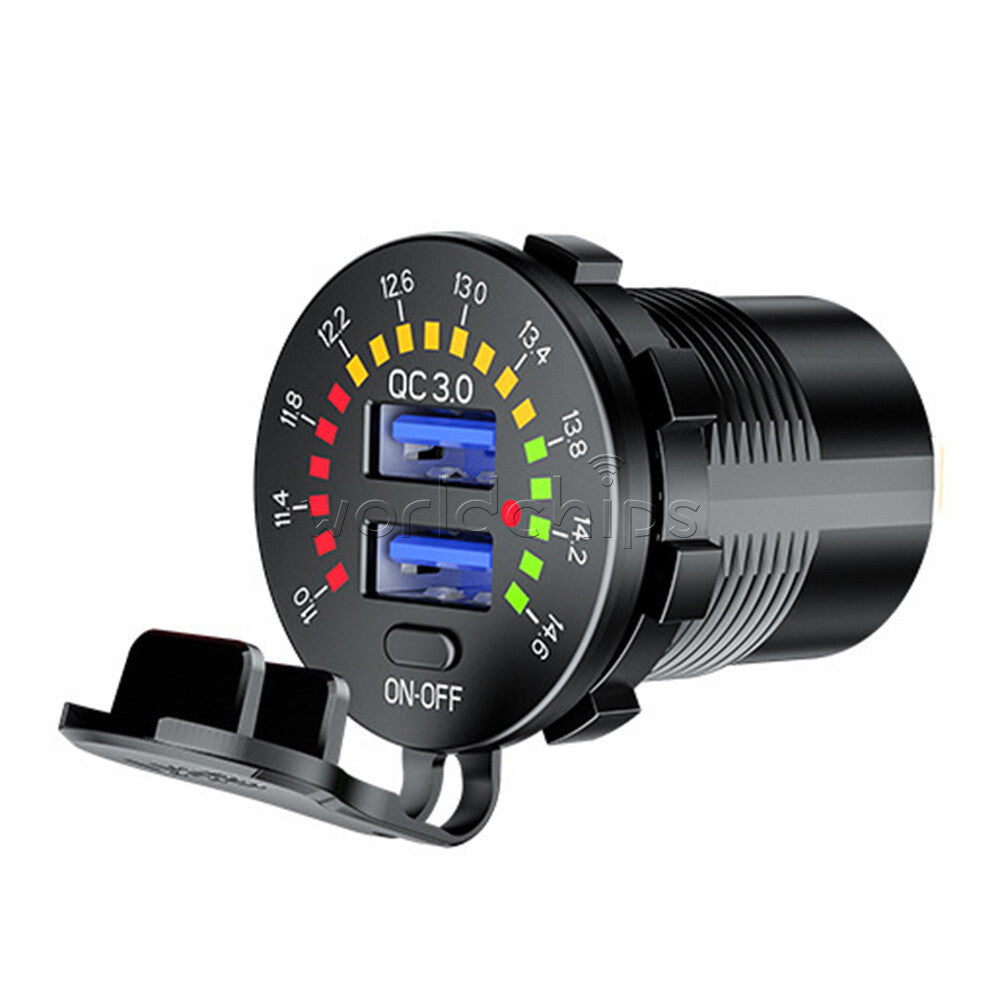 QC3.0 Dual-USB Car Charger Socket LED Digital Voltmeter Voltage Meter DC12V~24V