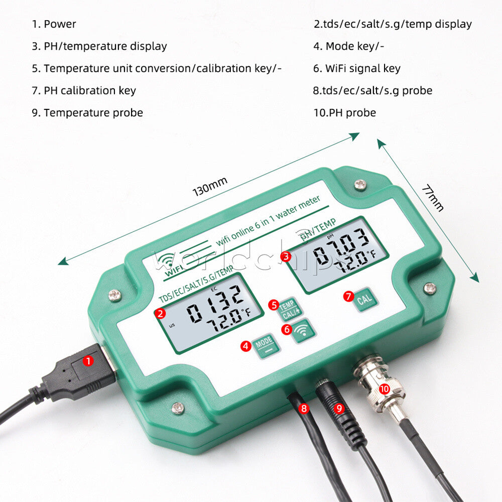 6-in-1 Wifi Digital Water Quality Tester Water Analyzer PH/TDS/EC/SG/Salinity