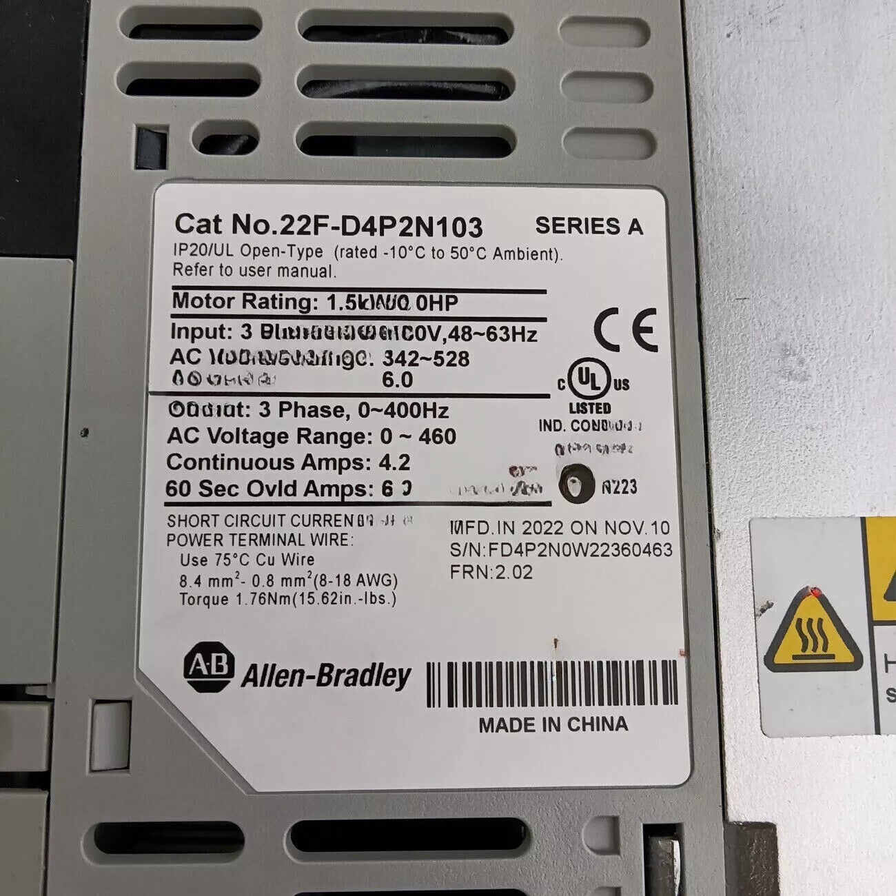 For Allen-Bradley 22F-D4P2N103 PowerFlex 4M 1.5 kW 2 HP AC Drive 22FD4P2N103