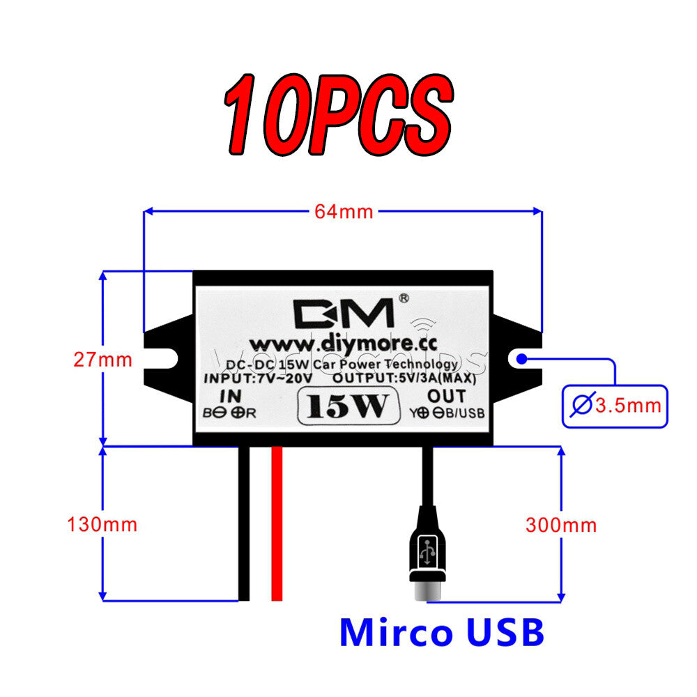 10PCS DC-DC Car Charger Converter Module 12V To 5V 3A 15W with Micro USB Cable