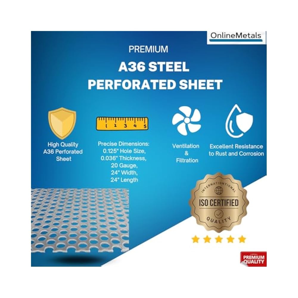 A36 Carbon Steel Perforated Sheet, 24"x24", 20 Gauge, 0.125" Holes