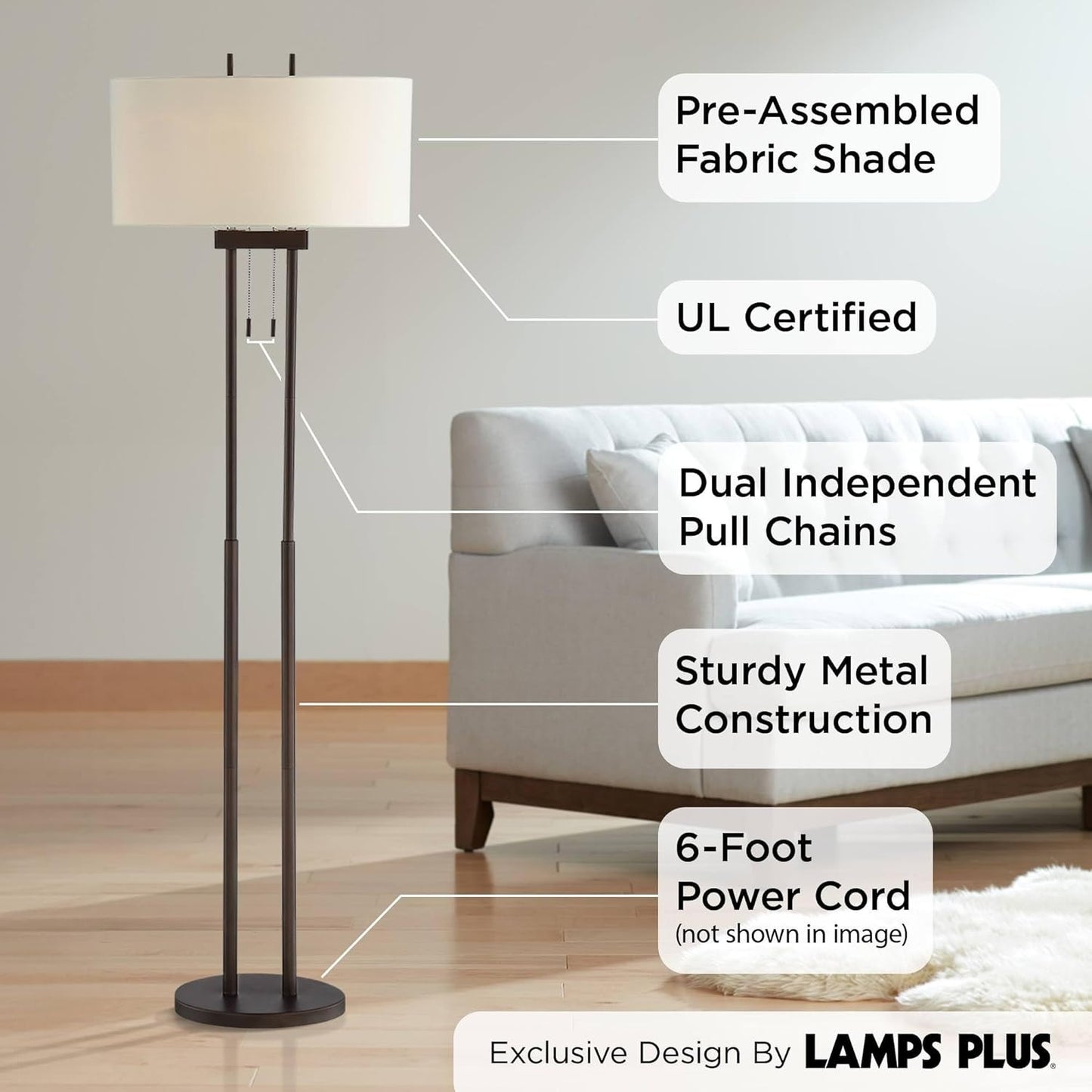 62" Modern Standing Floor Lamp, Twin Pole Design with White Fabric Shade