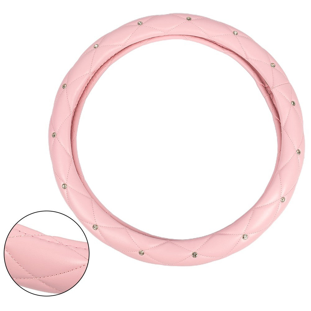 Pink Car Steering Wheel Cover 38cm/15 PU Leather Bling Diamond For Womens Girls