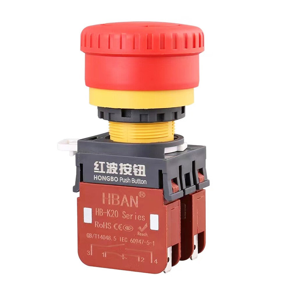 HBAN HB-K20 20A Emergency Stop Mushroom Head Pushbutton Switch 2NO 2NC IP65 22mm