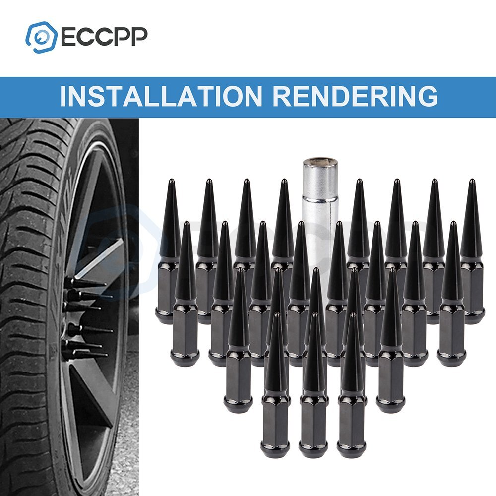 24 Pcs Black 14x1.5 Spike Lug Nuts 1 Key Fits Ram 1500 Ford Chevrolet Silverado