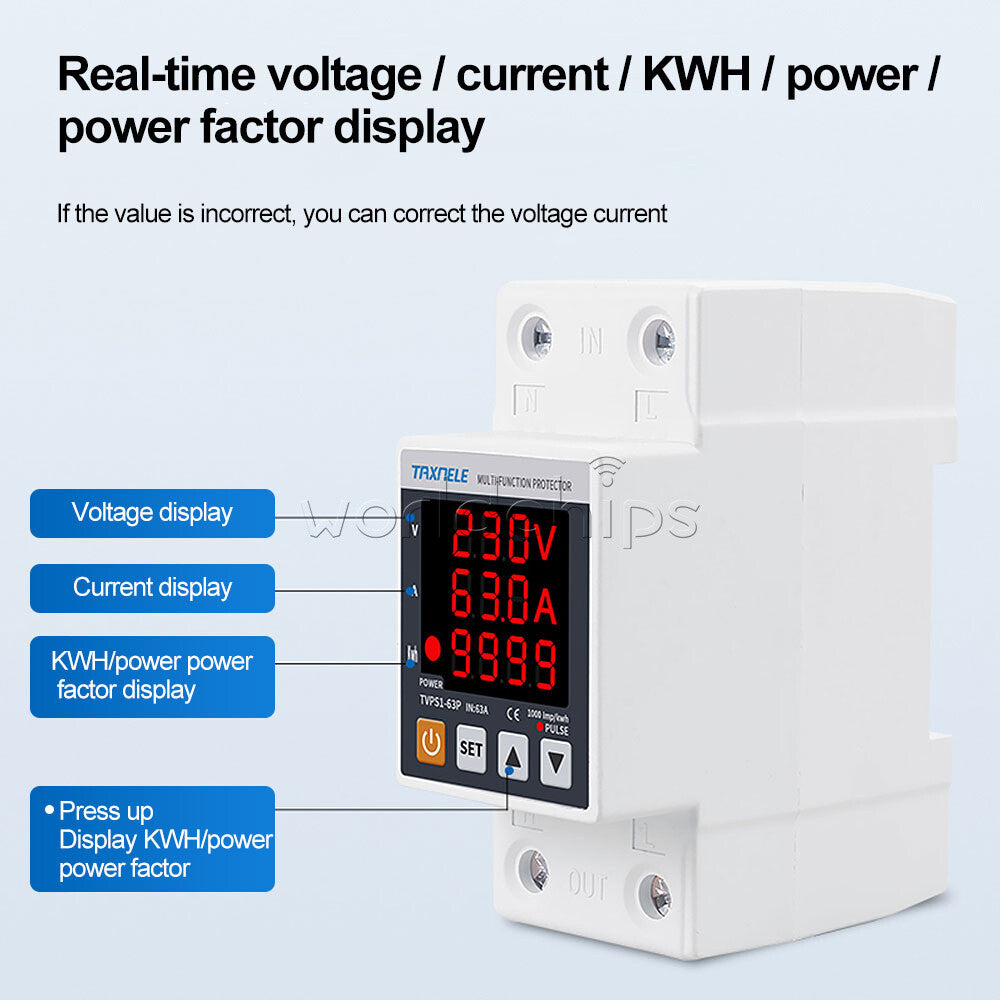 AC230V 63A Digital Din Rail Over Under Voltage Current Protection Energy Meter
