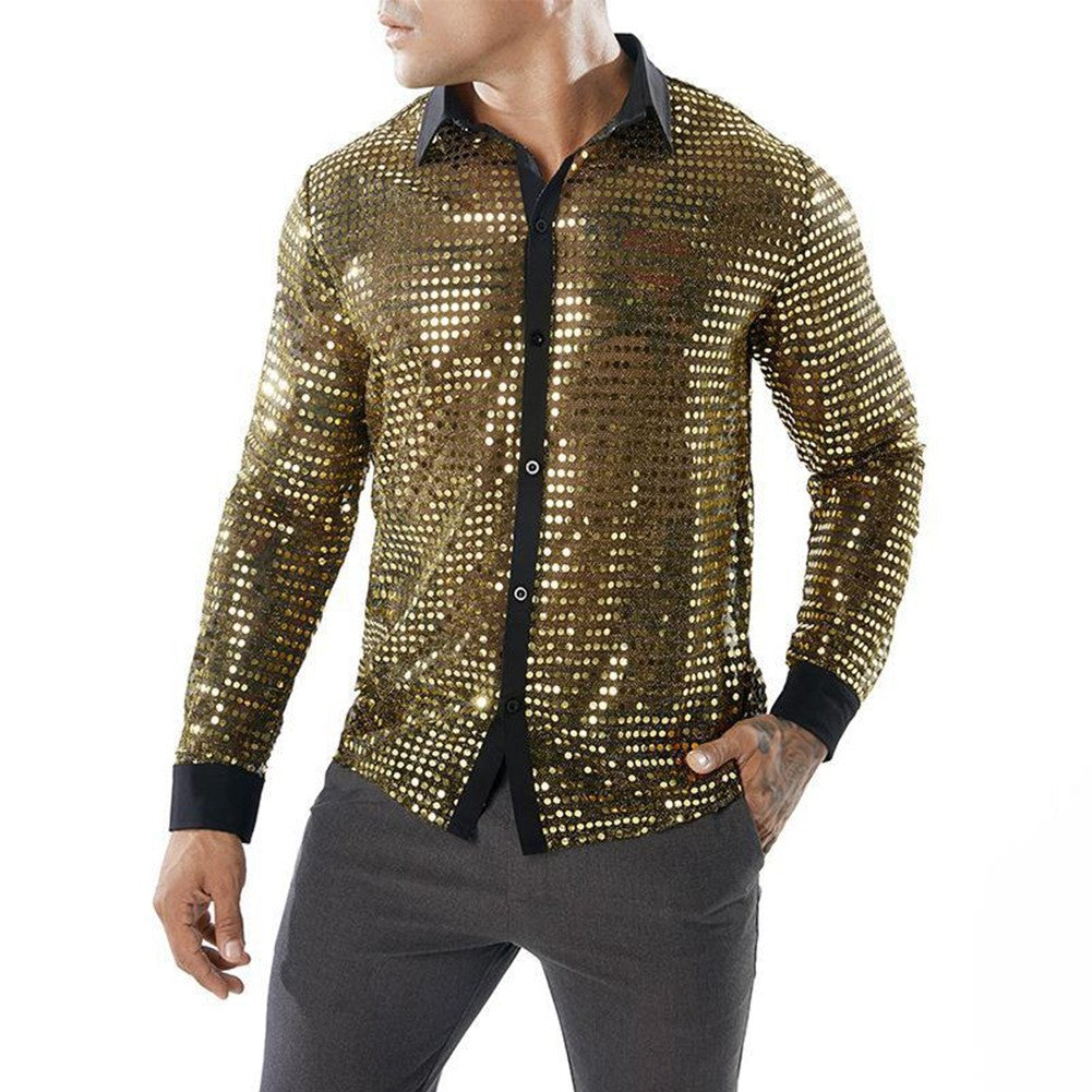 Men's Sparkly Sequin Party Dance Shirts Retro 70s Disco Nightclub Style Tops