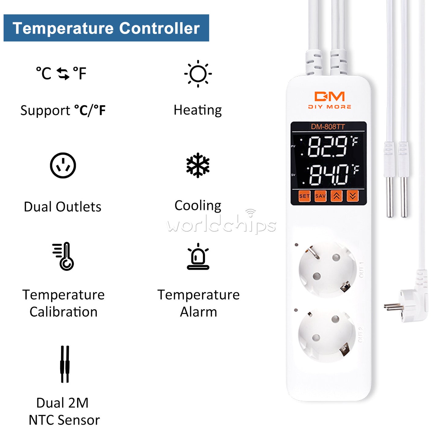 DM-808TT AC 85-250V 10A Digital thermostat Controller Power Socket EU+US Pulg