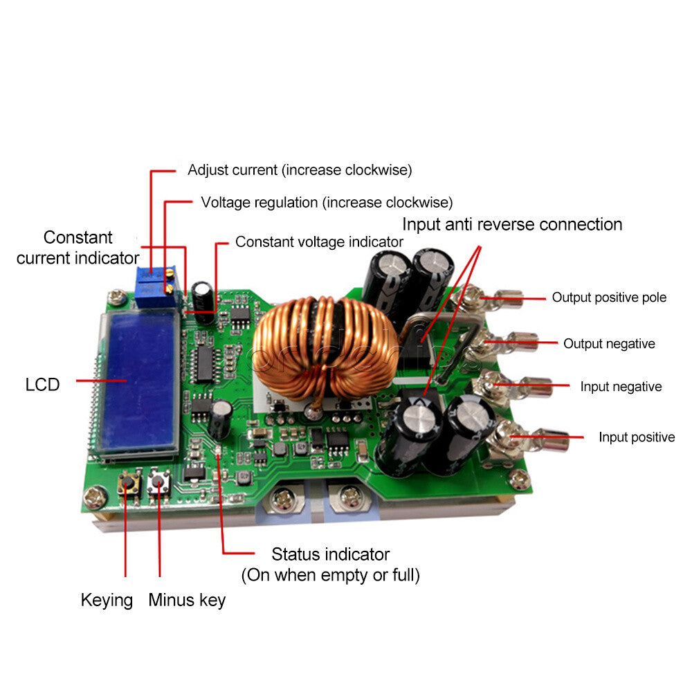 DC7V-50V to DC 0V-36V 20A LCD Adjustable Step-down Power Supply Converter Module