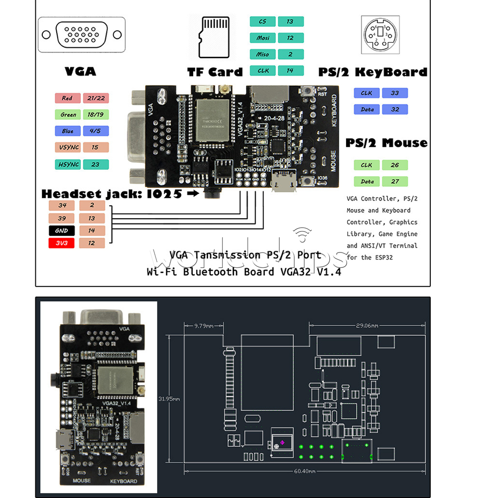 1/2/5PCS ESP32 VGA32 V1.4 Graphics Library PS/2 Mouse Keyboard Controller