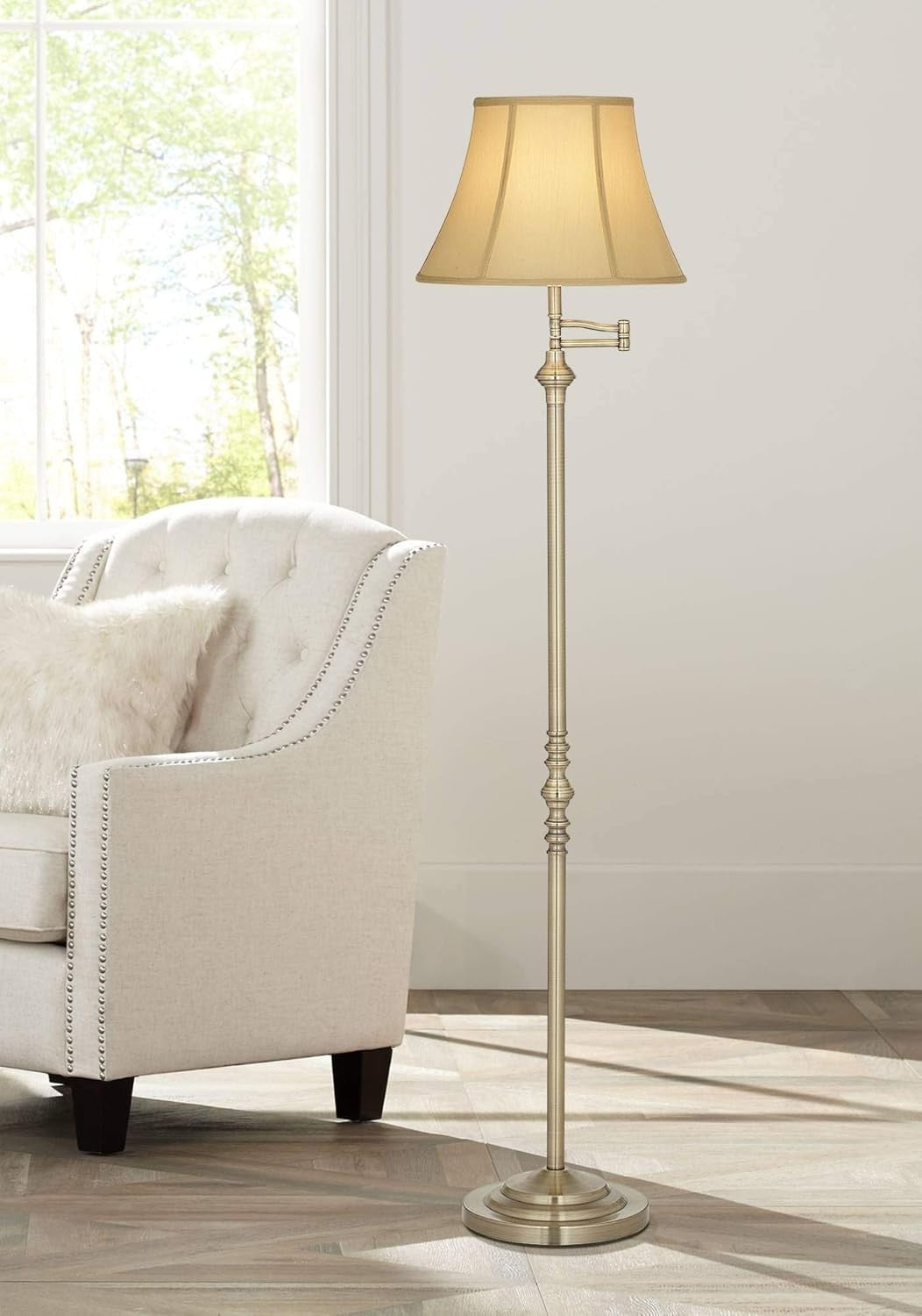 Montebello Adjustable Swing Arm Floor Lamp - 60" Tall, Antique Brass, Bell Shade