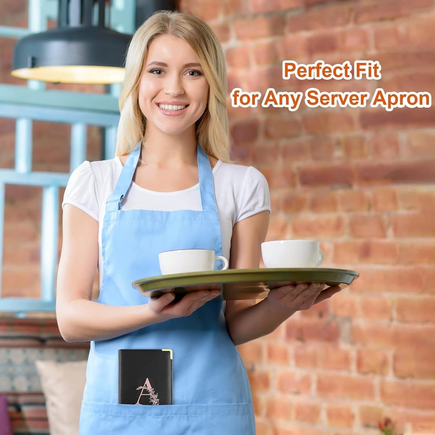 Alphabet Server Book for Waitress, Leather with Zipper Pocket, Fits Server Apron