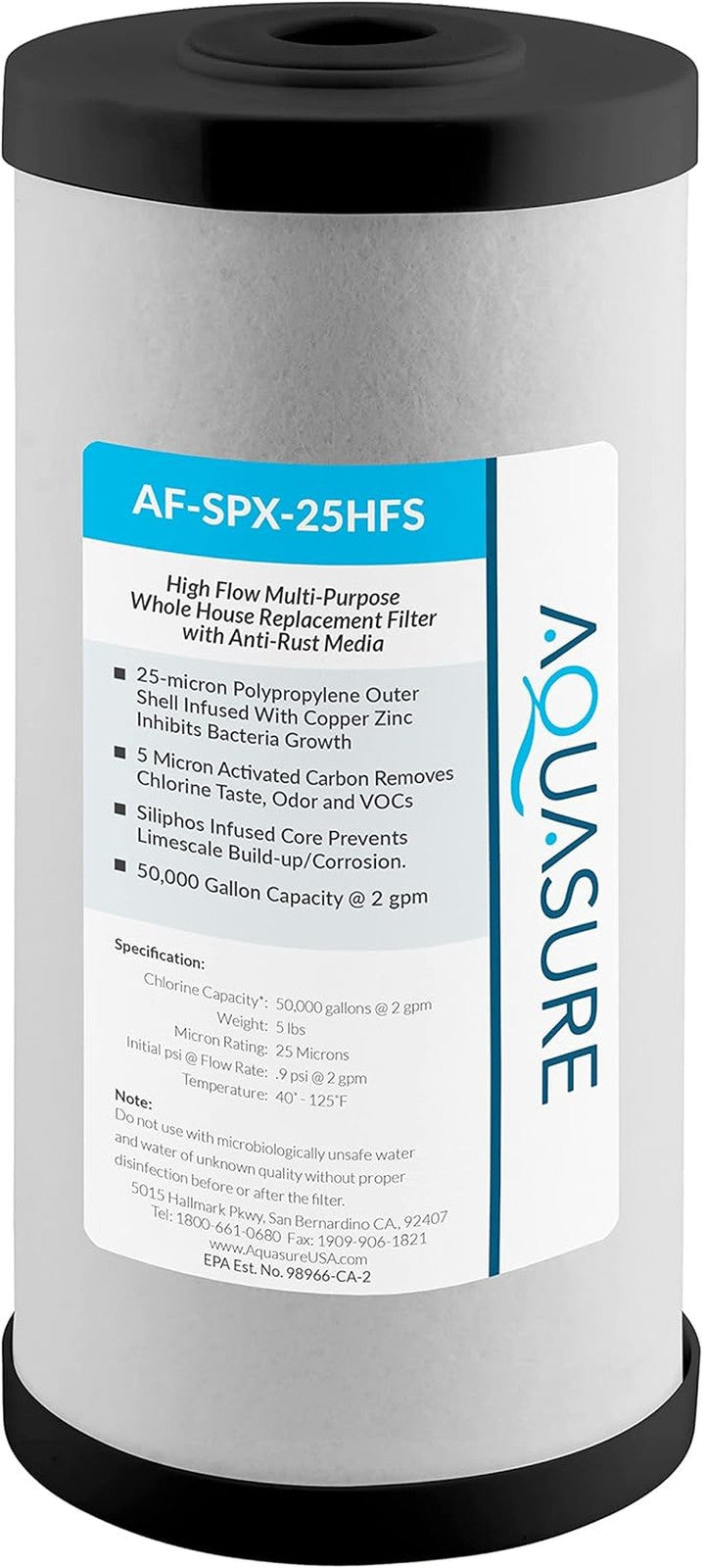 Whole House Replacement Filter Cartridge, Sediment/Carbon/Siliphos Media