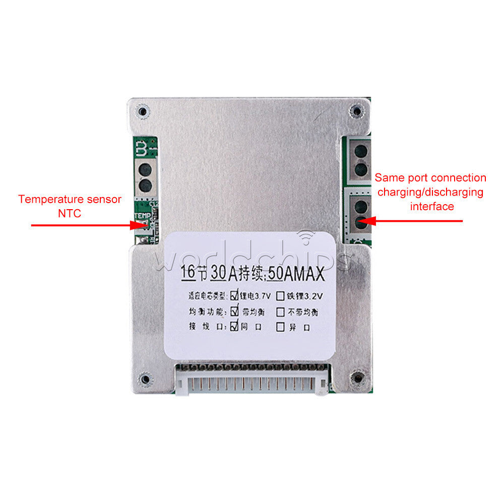 16S 60V 50A Same-port Battery Protection Board With Temperature Control Cable