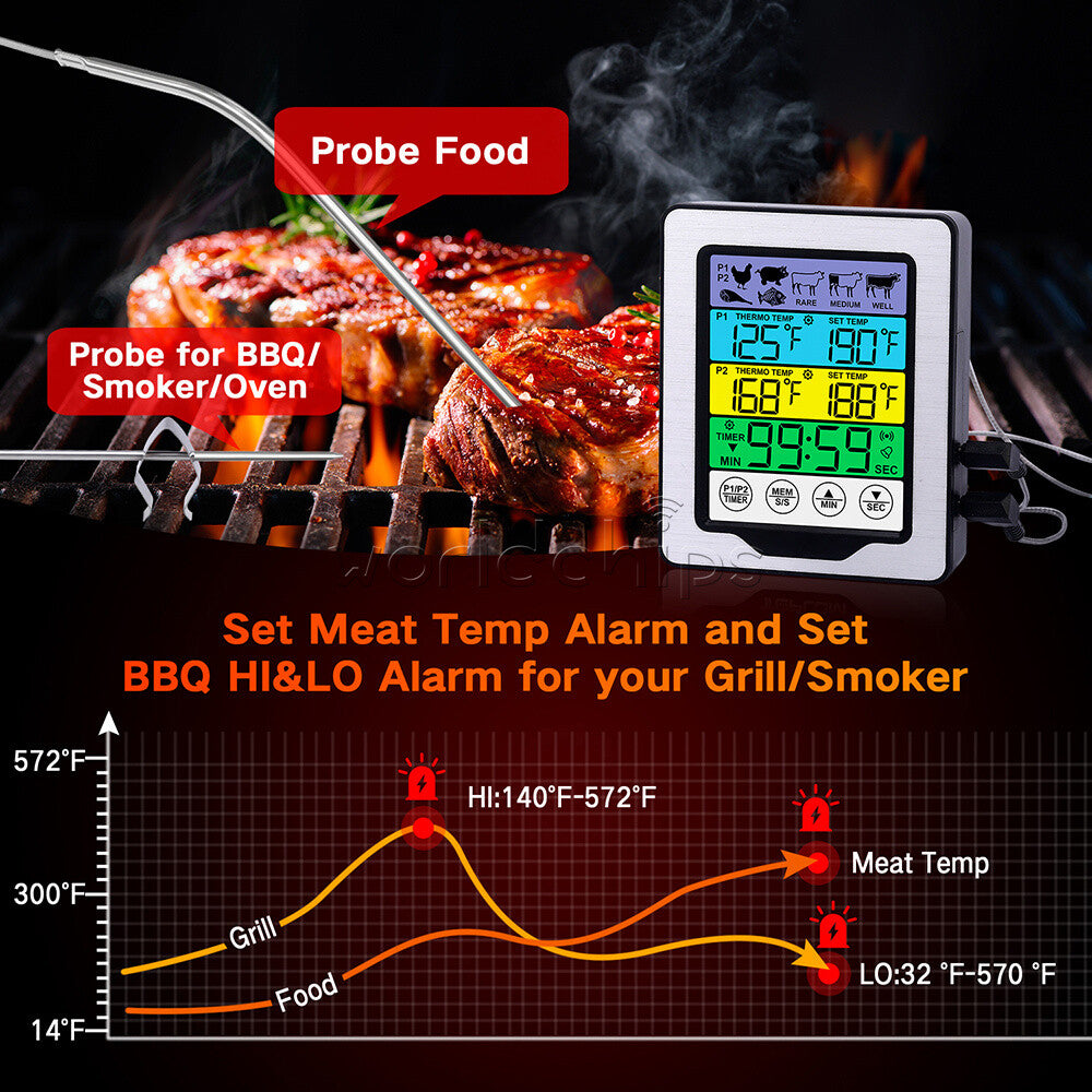 Touch Screen Backlight Dual Probes Kitchen Cooking Food BBQ Meat Thermometer