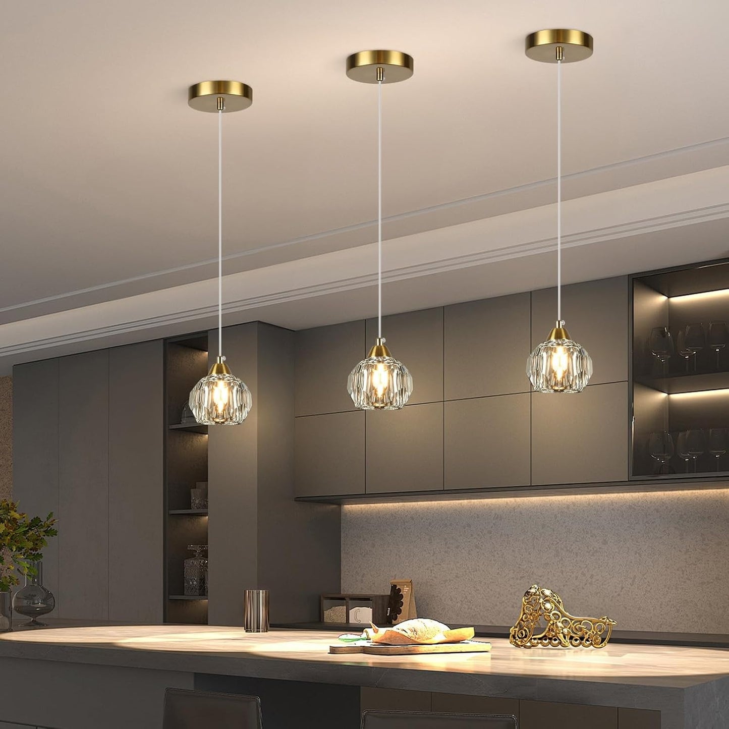 3-Pack Gold Crystal Chandeliers, Modern Pendant Light for Dining Room