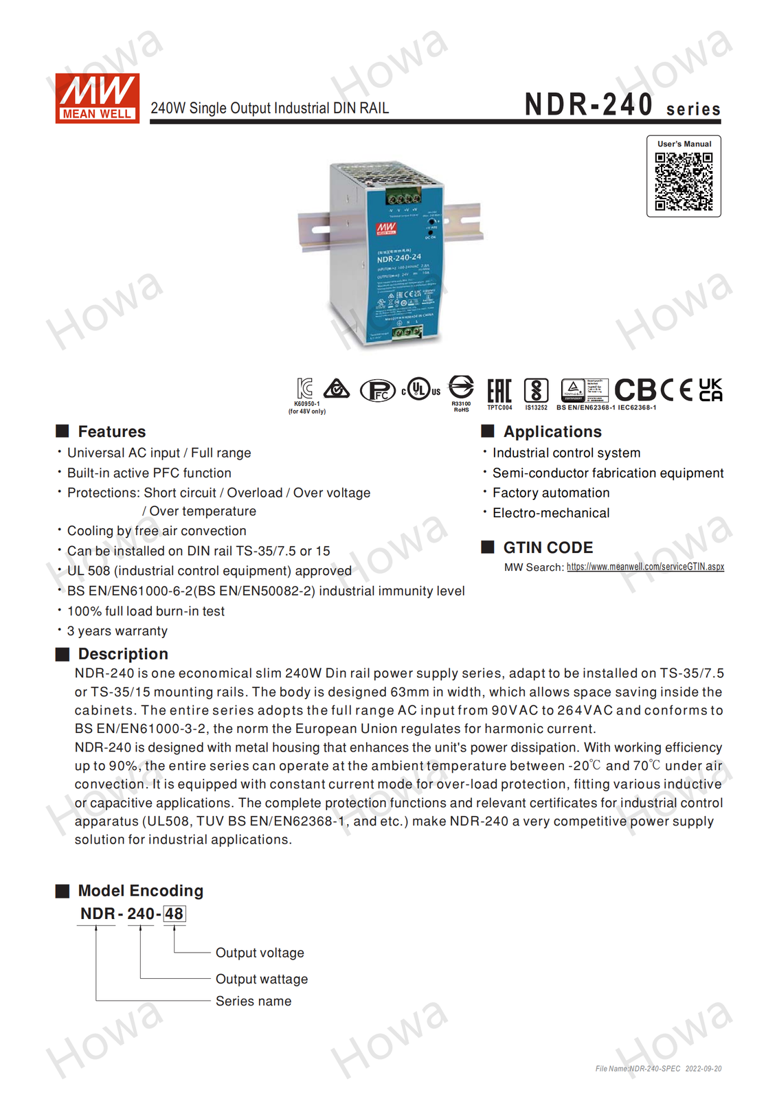Mean Well NDR-240-48 Industrial DIN rail power supply 48V 5A 240W