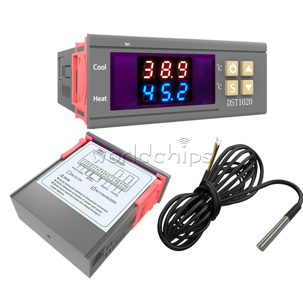 DST1020 Dual Display LED Digital Thermostat Temperature Controller DS18B20 Probe
