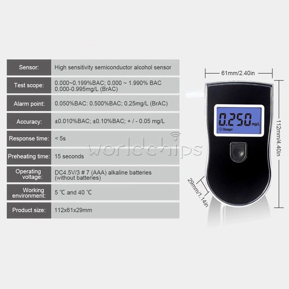 Portable Digital LCD Breath Alcohol Tester Breathalyzer AT-818 Alcohol Detector