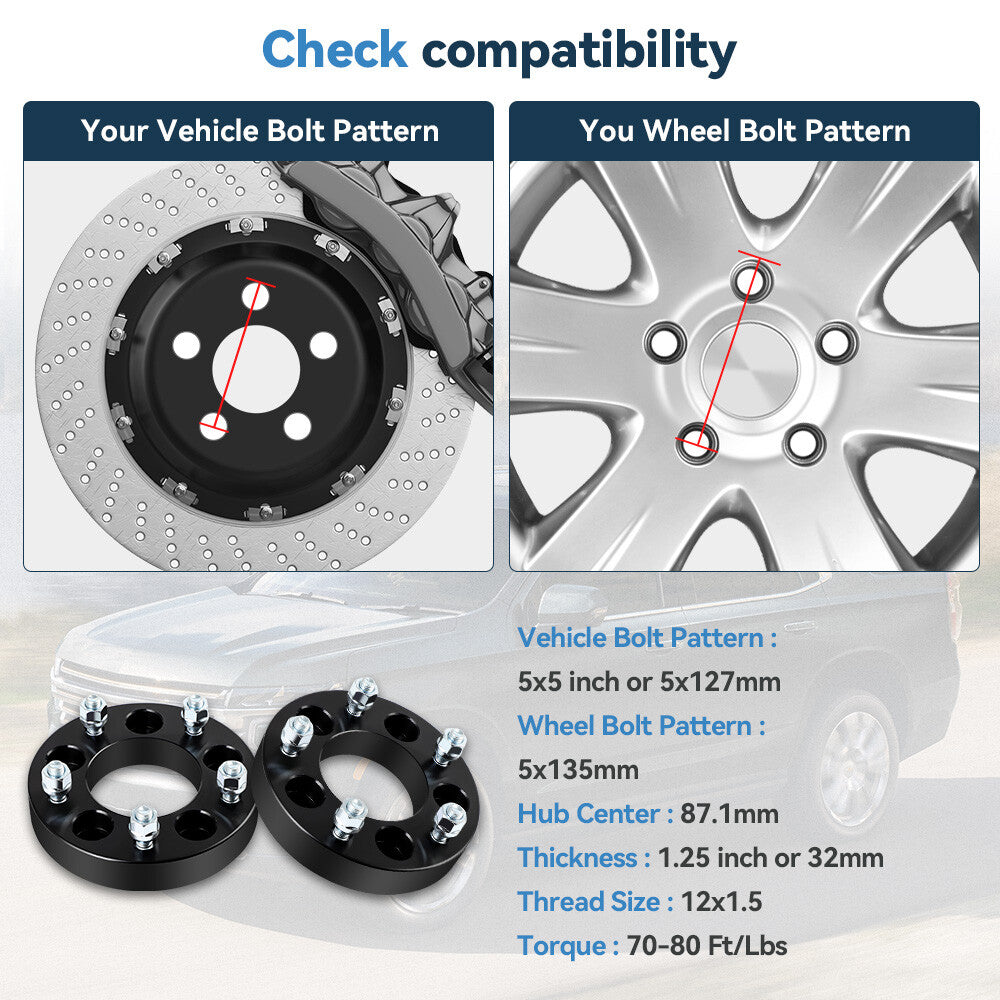 4 Pcs 1.25" Wheel Adapters 5x5"/ 5x127 to 5x135 For Dodge Grand Caravan Journey