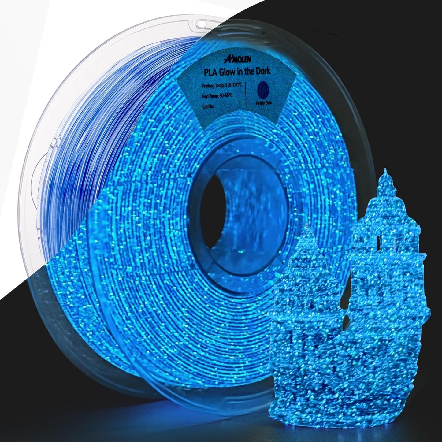 1.75mm Glow-in-Dark PLA 3D Filament, 1kg Spool, Firefly Blue, UV Reactive