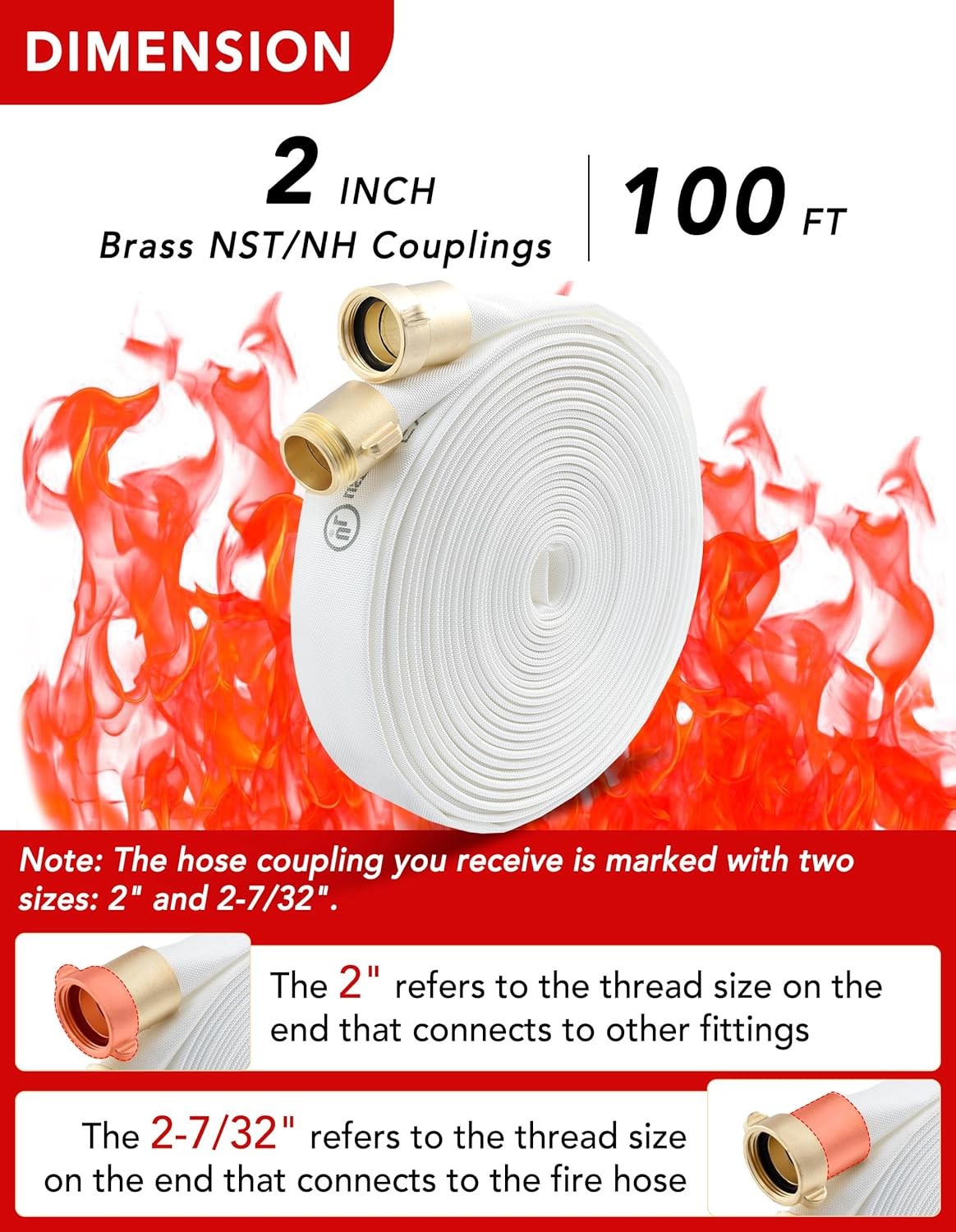 2" x 100 FT Fire Hose, TPU Single Jacket, Brass Couplings 750 PSI
