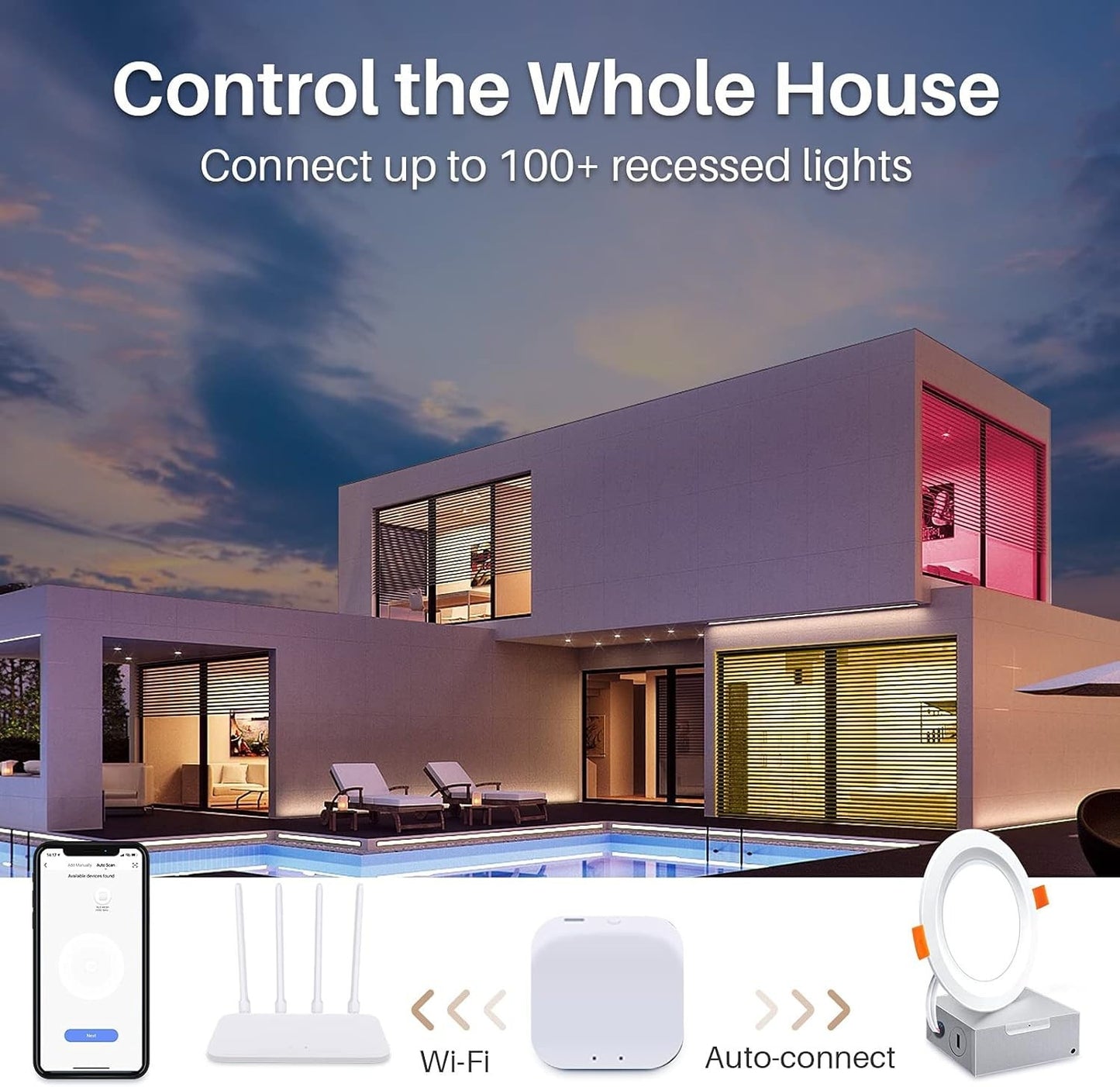 6-Pack Smart LED Recessed Lights, RGB Dimmable, Works with Alexa/Google