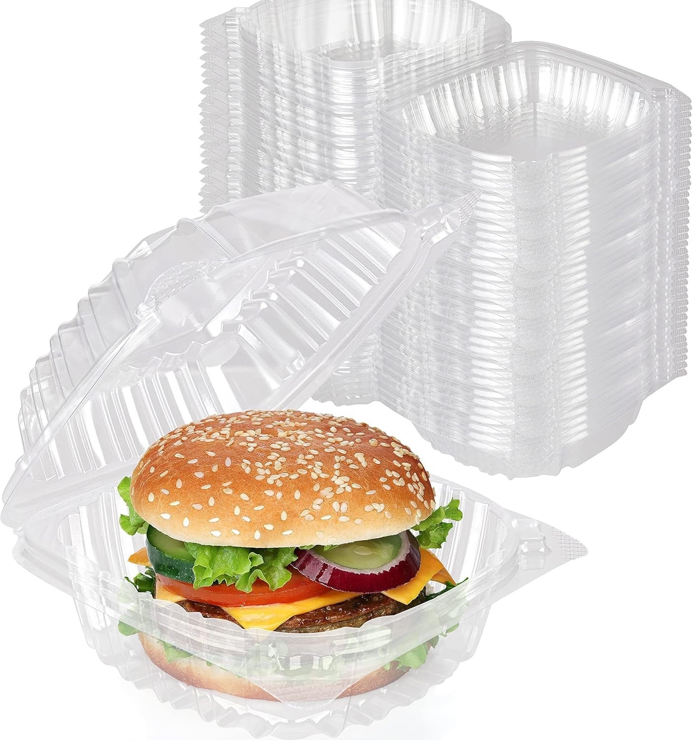 Disposable Plastic to Go Containers with Clear Lids (100 Pack) Fancy Hinged Top