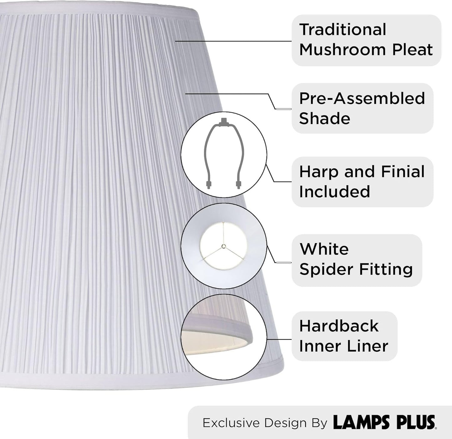 Large Mushroom Pleated Lamp Shade, 9x16x14.5 Inch - Spider Fit with Harp