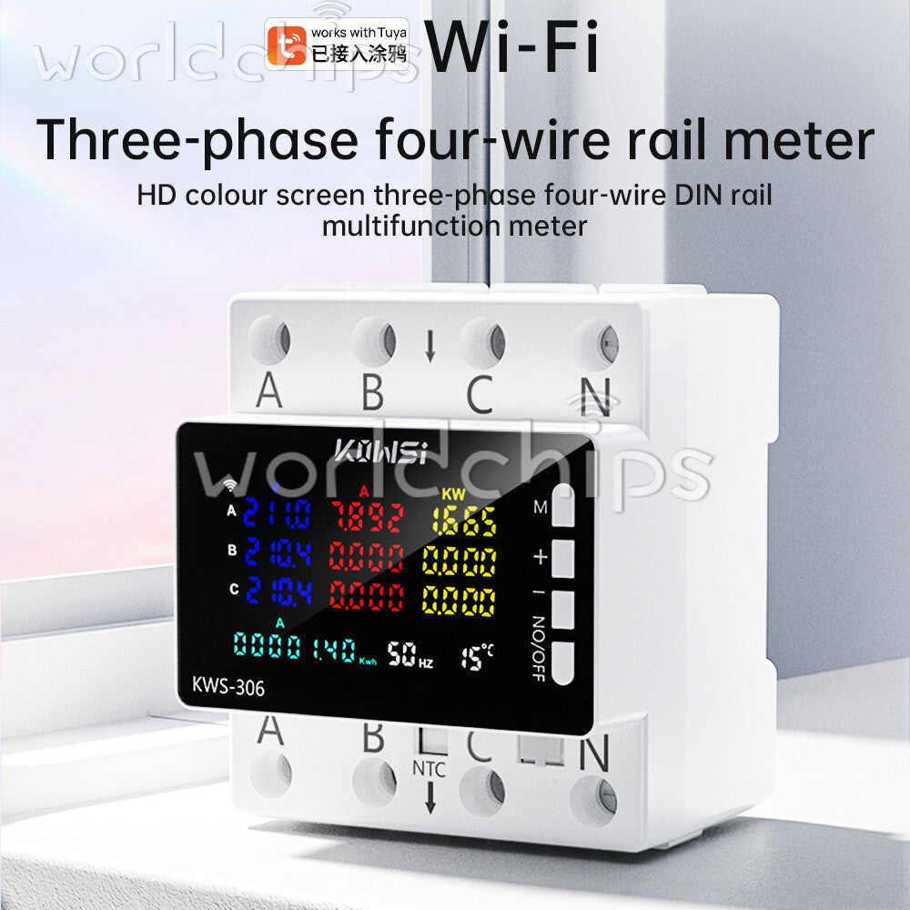 Electricity 3 Phase 4 Wire Energy Meter AC Power DIN Rail Wattmeter Consumption