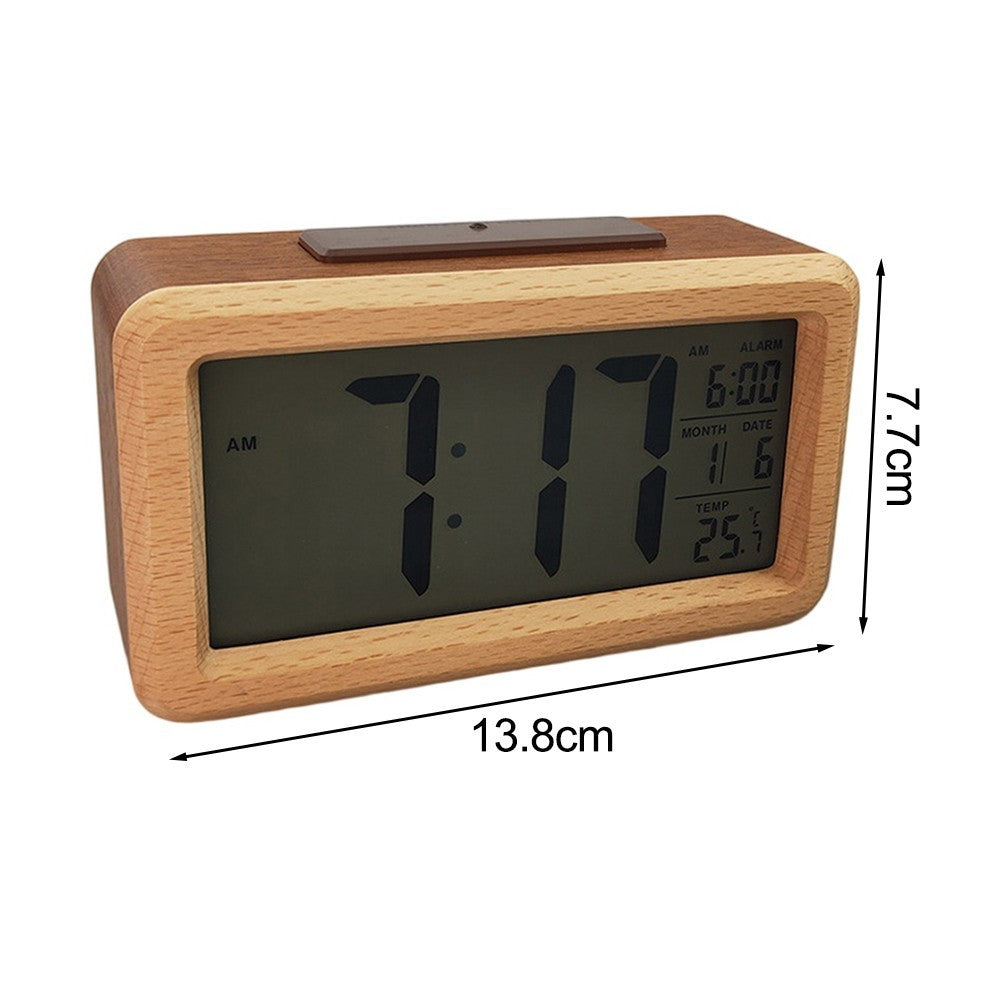 Wooden Digital Alarm Clock with Temperature Display for Home and Office