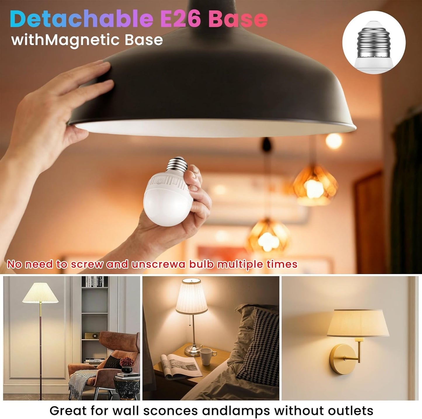 SCOPOW Rechargeable Light Bulb with Remote - 8W 600LM E26 Dimmable Rechargeable
