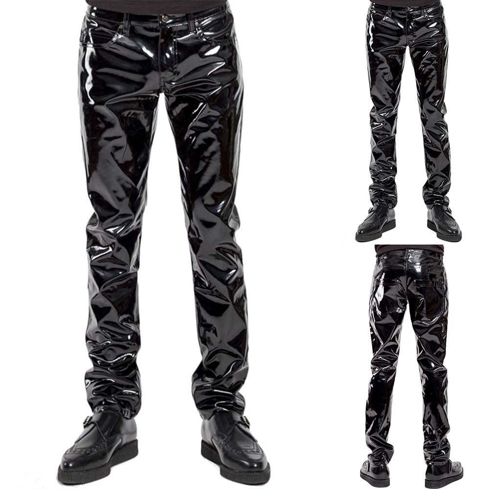 Men Faux Leather PVC Pants Trousers Long Shiny Clubwear Punk Gothic Black Pants