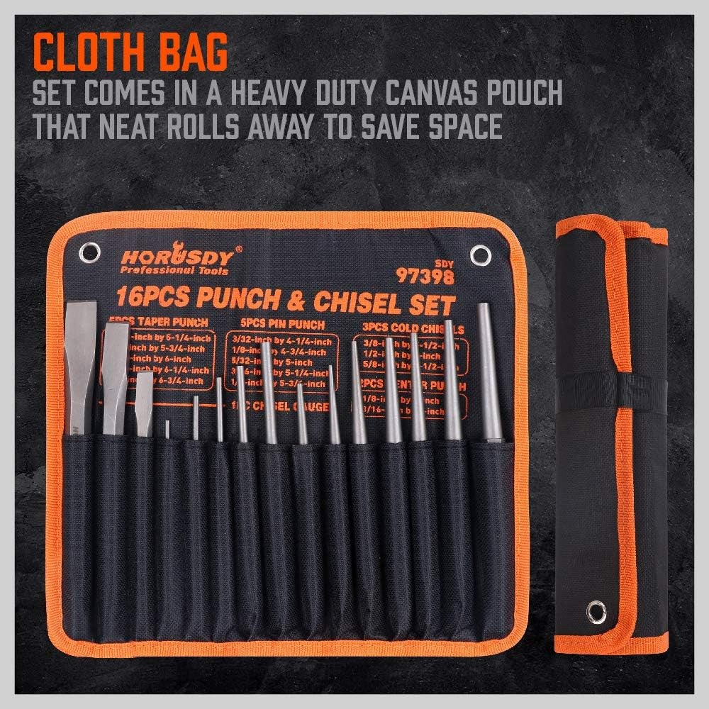 16-Piece Punch and Chisel Set, Including Taper Punch, Cold Chisels, Pin Punch, C