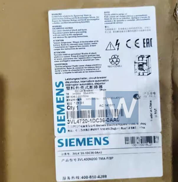 1Pc  SIE-MENS VL400 Molded Case Circuit Breaker 3VL4720-1DC36-0AA0 200A 3P
