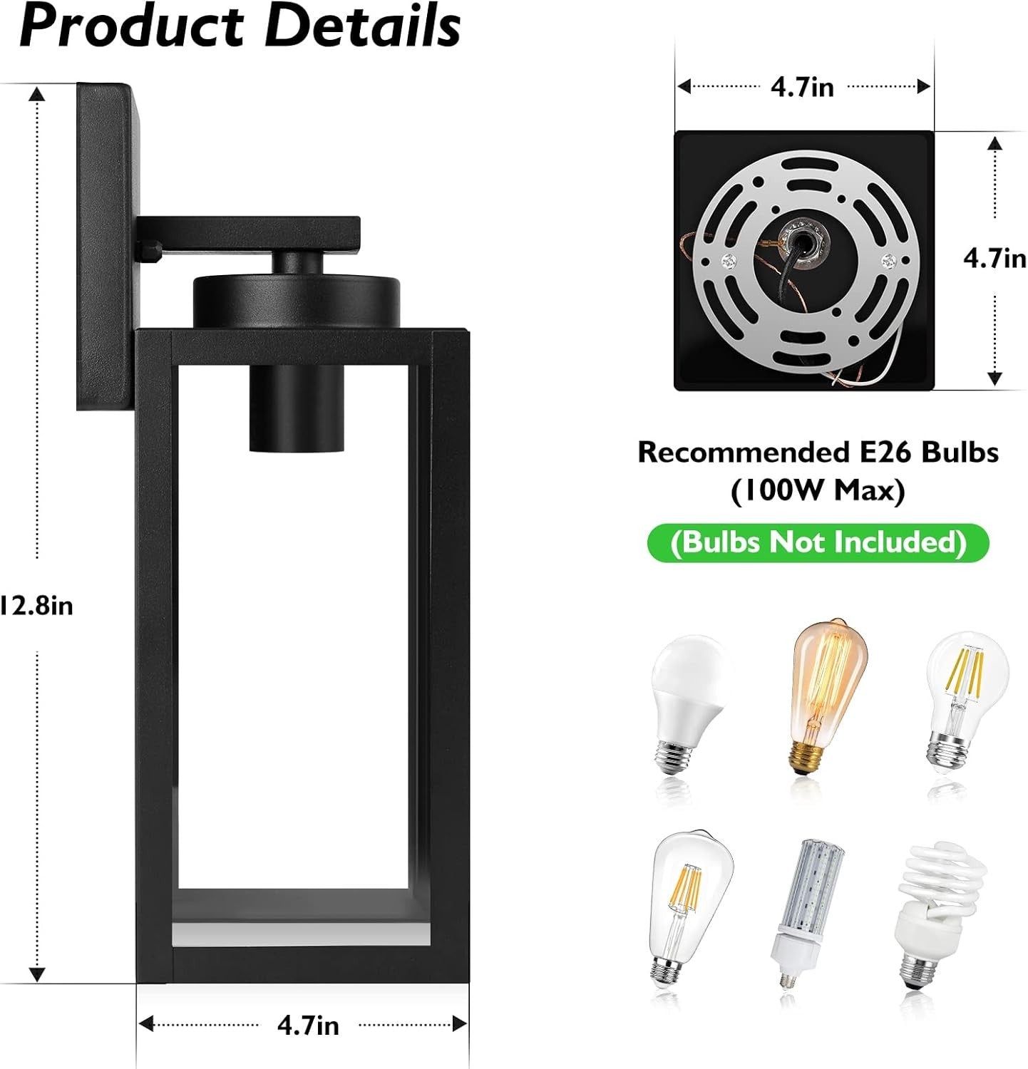 Outdoor Wall Mount Lantern,Waterproof,Matte Black Finish,Glass Shade, E26 Socket