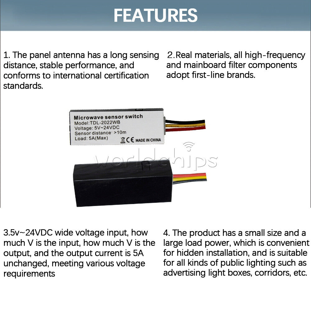 TDL-2022WB 5V 12V 24V Microwave Radar Sensor Induction Switch 5A 360° 8-10m