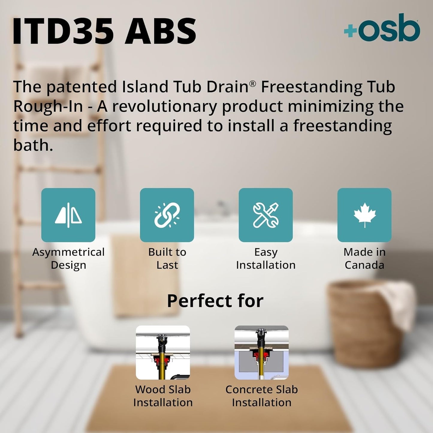 ITD35 Two-Piece ABS Tub Drain Kit - Freestanding, Rough-In, Easy Installation