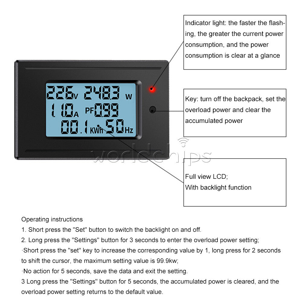 Digital LCD Electrical AC Combo Meter Voltage Current Amp KWh Watt Power Monitor