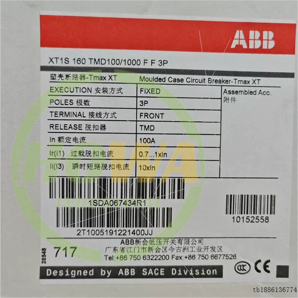 1/piece ABB Molded Case Tmax 100A Circuit Breaker XT1S160 TMD100-1000 FF 3P