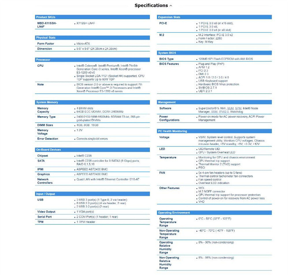 Supermicro X11SSH-LN4F NAS Server Motherboard C236 Chip ECC 4-network Port Matx