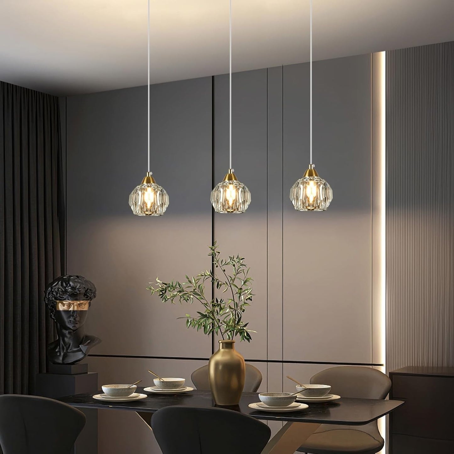 3-Pack Gold Crystal Chandeliers, Modern Pendant Light for Dining Room