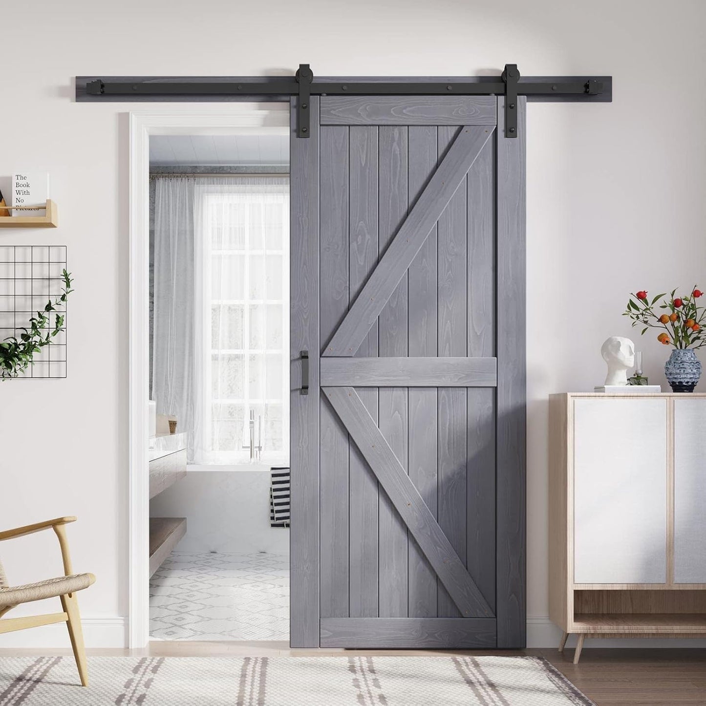 36x84 Inch Gray Wood Barn Door Slab with Hardware Track Kit, K-Frame Design
