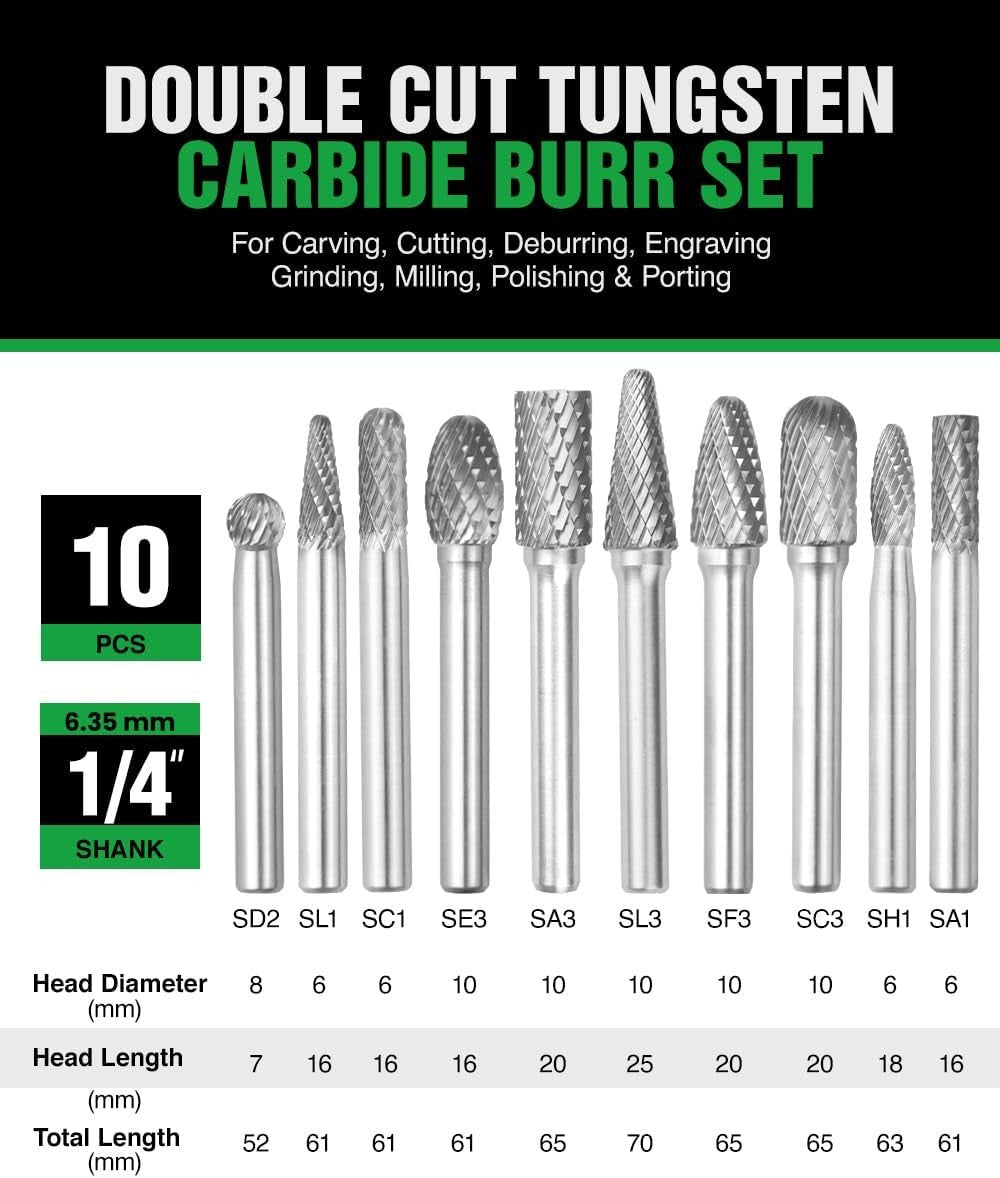 Carbide Burr Set, 1/4" Shank, 10-Piece Double Cut for Metal & Wood